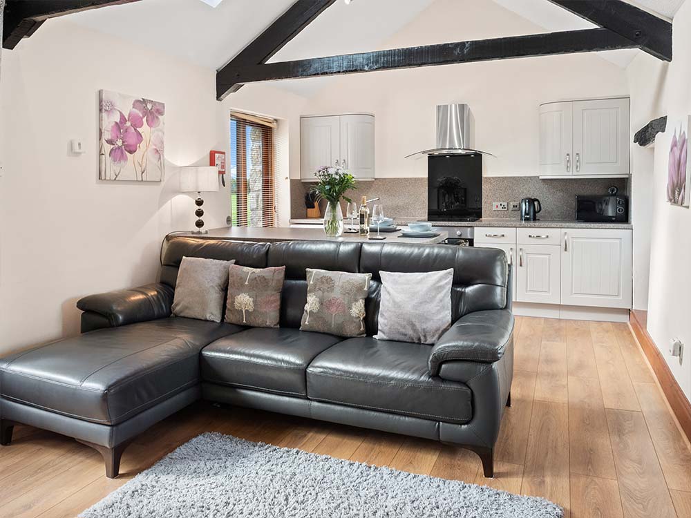 A photo of the black leather sofa seating area at The Stables at Tremaddock Farm Holiday Cottages
